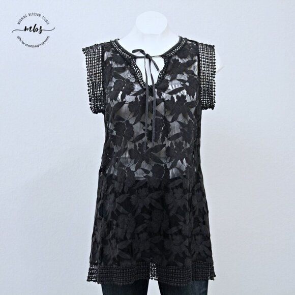 Lost April Lace Pom Pom Sleeveless Sheer Mini Dress Black Women S - Picture 4 of 10